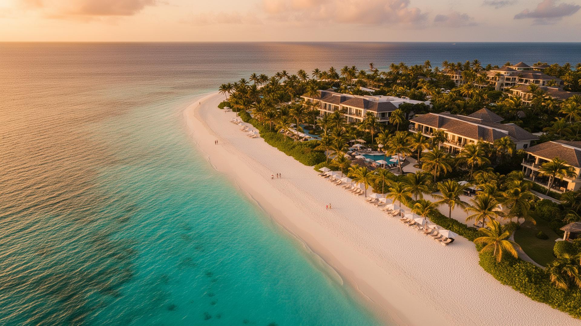 Resort de playa tropical al atardecer